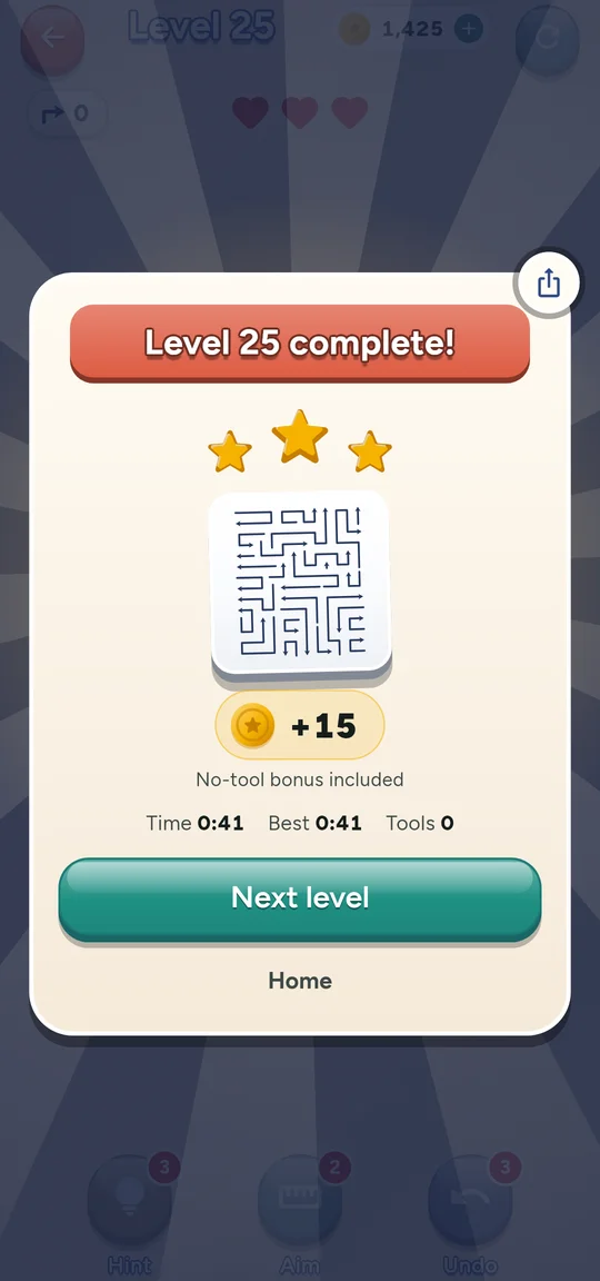 A level complete card with three stars and coins