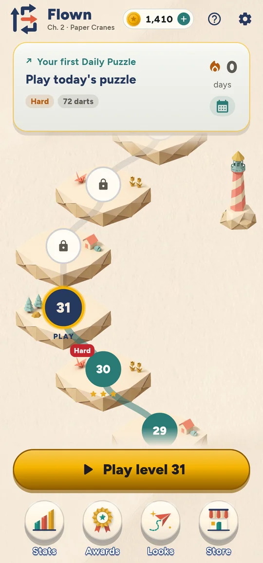 The Journey map of paper islands with today's Daily Puzzle