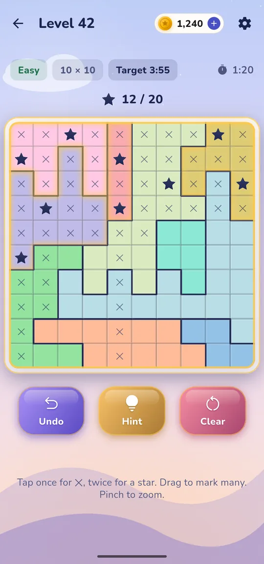 A 10×10 Star Battle board in progress
